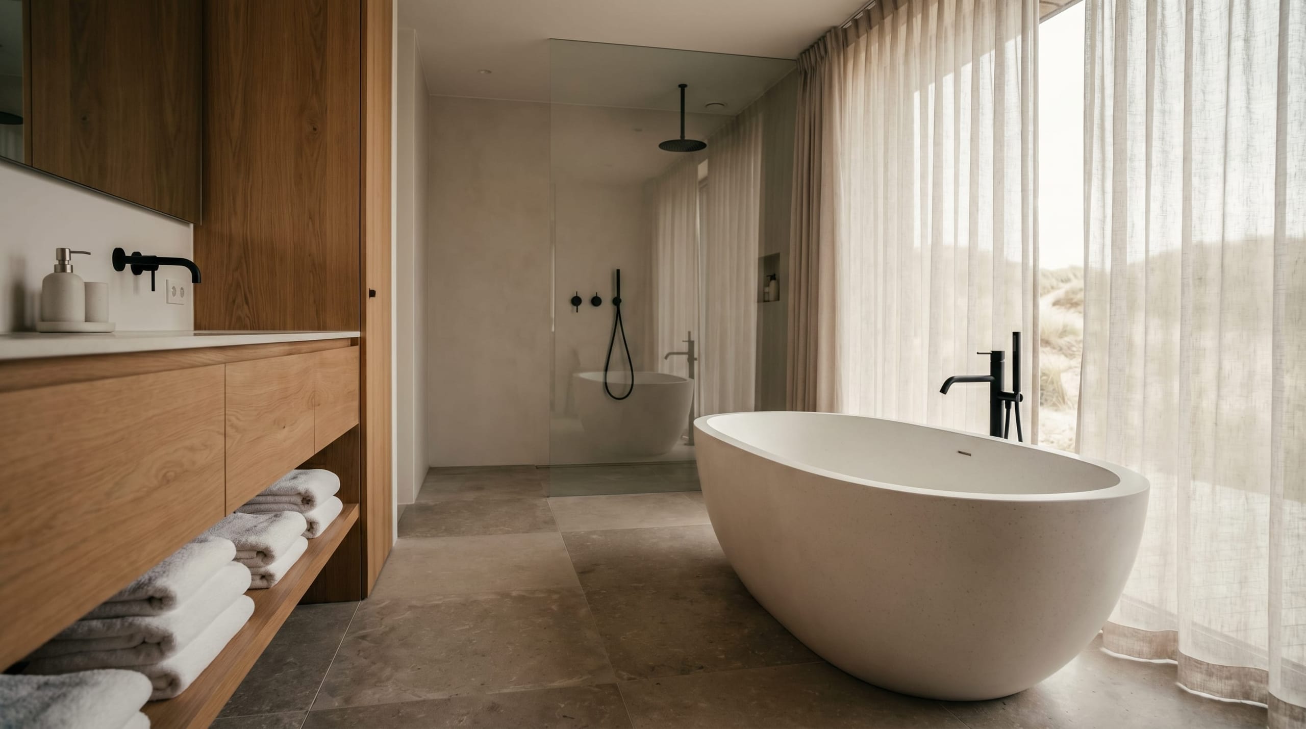Hotelbadkamer door AQWA gastklaar gemaakt tussen twee gasten — na AQWA